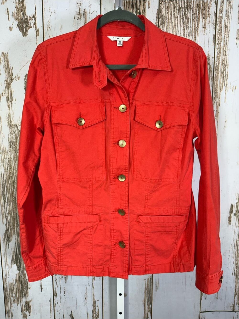 CAbi Bright Coral Red Utility Jacket with Button Front. Size Medium.
